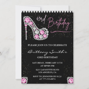 Glam Black Pink Silver Diamond 43rd birthday Invitation