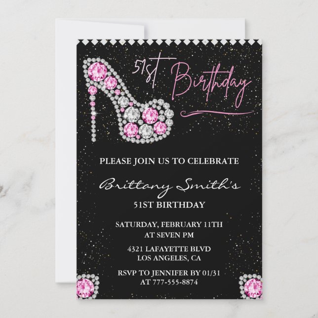 Glam Black Pink Silver Diamond 51st birthday Invitation (Front)