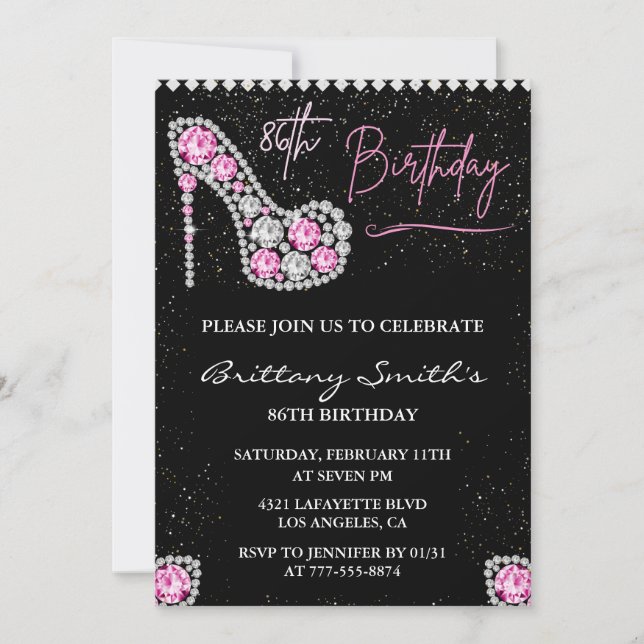 Glam Black Pink Silver Diamond 86th birthday Invitation (Front)