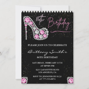 Glam Black Pink Silver Diamond 86th birthday Invitation