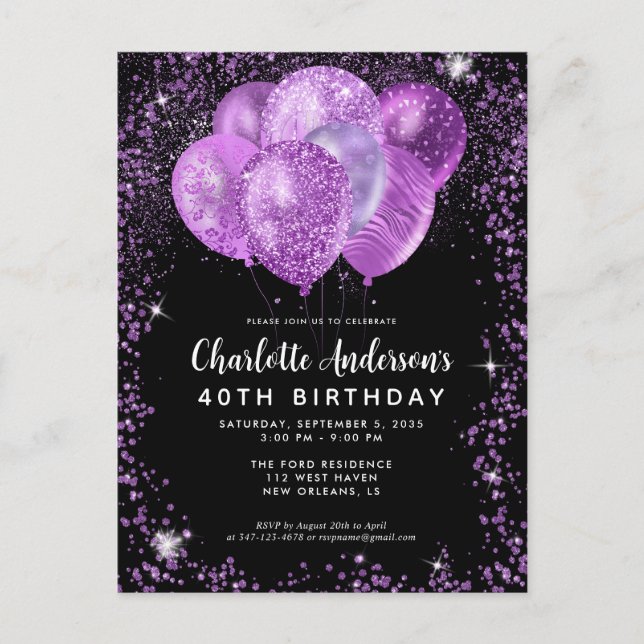 Glam Black Purple Violet Glitter Balloon Birthday Postcard (Front)