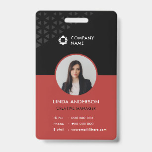 Glam Black Red Employee Photo ID Abstract Pattern Badge