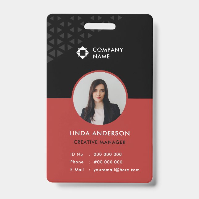 Glam Black Red Employee Photo ID Abstract Pattern Badge (Front)