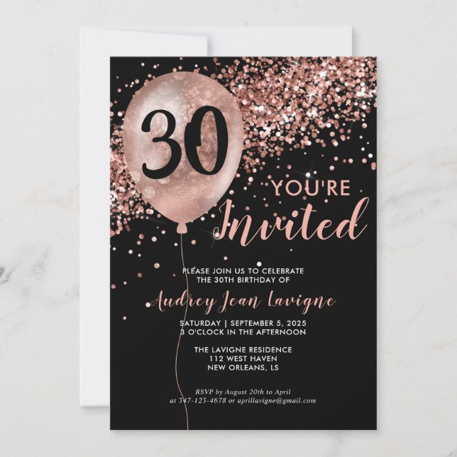 Glam Black Rose Gold Glitter Balloon 30th Birthday Invitation (Front)