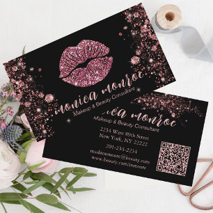 Glam Black/Rose Gold Lips Makeup Artist QR Code Business Card