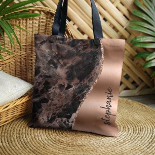 Glam Black Rose Gold Marble Metallic Name Tote Bag