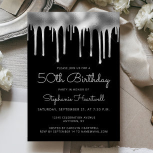 Glam Black Silver Dripping Foil 50th Birthday Invitation