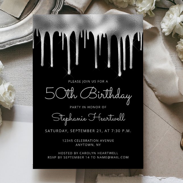 Glam Black Silver Dripping Foil 50th Birthday Invitation (Creator Uploaded)