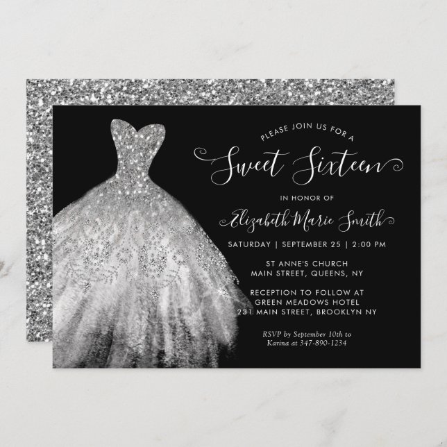 Glam Black Silver Glitter Dress Sweet 16 Birthday Invitation (Front/Back)