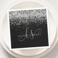 Glam Black Silver Glitter Glam Monogram Name