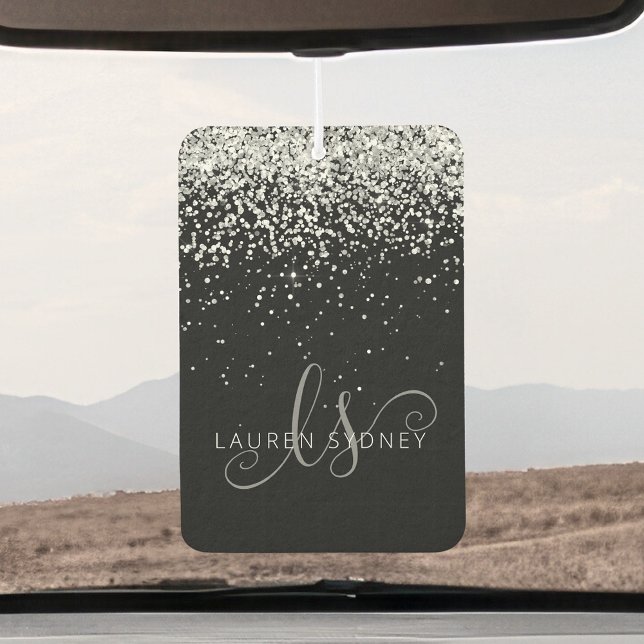 Glam Black Silver Glitter Monogram Name Car Air Freshener (Creator Uploaded)