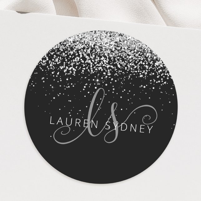 Glam Black Silver Glitter Monogram Name Classic Round Sticker (Creator Uploaded)