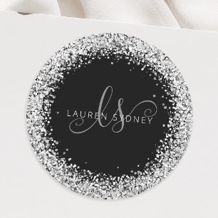 Glam Black Silver Glitter Monogram Name Classic Round Sticker