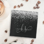 Glam Black Silver Glitter Monogram Name Glass Coaster<br><div class="desc">Glam Black Silver Glitter Elegant Monogram Glass Coaster. Easily personalise this trendy chic glass coaster design featuring elegant silver sparkling glitter on a black background. The design features your handwritten script monogram with pretty swirls and your name.</div>