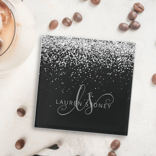 Glam Black Silver Glitter Monogram Name Glass Coaster (Creator Uploaded)