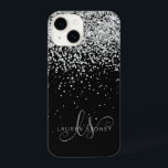 Glam Black Silver Glitter Monogram Name iPhone 14 Case<br><div class="desc">Glam Black Silver Glitter Elegant Monogram iPhone Case. Easily personalise this trendy chic phone case design featuring elegant silver sparkling glitter on a black background. The design features your handwritten script monogram with pretty swirls and name.</div>