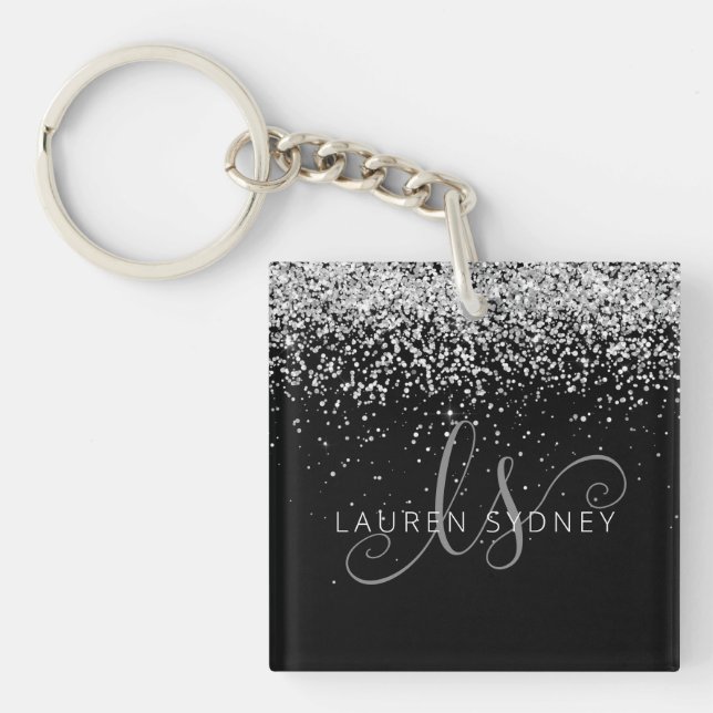 Glam Black Silver Glitter Monogram Name Key Ring (Front)