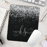 Glam Black Silver Glitter Monogram Name Mouse Pad<br><div class="desc">Glam Black Silver Glitter Elegant Monogram Mouse Pad. Easily personalize this trendy chic mouse pad design featuring elegant silver sparkling glitter on a black background. The design features your handwritten script monogram with pretty swirls and name.</div>