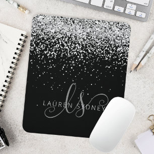 Glam Black Silver Glitter Monogram Name Mouse Pad