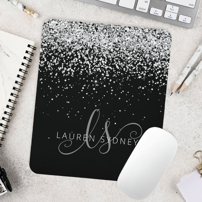  Glam Black Silver Glitter Monogram Name Mouse Pad (Creator Uploaded)