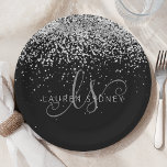Glam Black Silver Glitter Monogram Name Paper Plate<br><div class="desc">Glam Black Silver Glitter Elegant Monogram Paper Plate. Easily personalize this trendy chic paper plate design featuring elegant silver sparkling glitter on a black background. The design features your handwritten script monogram with pretty swirls and your name.</div>