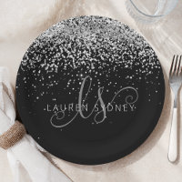 Glam Black Silver Glitter Monogram Name