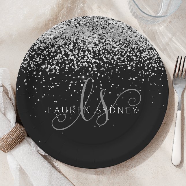 Glam Black Silver Glitter Monogram Name Paper Plate (Creator Uploaded)