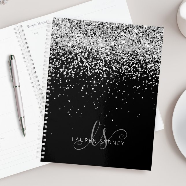 Glam Black Silver Glitter Monogram Name Planner (Creator Uploaded)
