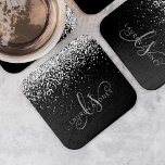 Glam Black Silver Glitter Monogram Name Square Paper Coaster<br><div class="desc">Glam Black Silver Glitter Elegant Monogram Paper Coaster. Easily personalise this trendy chic paper coaster design featuring elegant silver sparkling glitter on a black background. The design features your handwritten script monogram with pretty swirls and your name.</div>