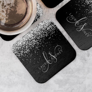Glam Black Silver Glitter Monogram Name Square Paper Coaster