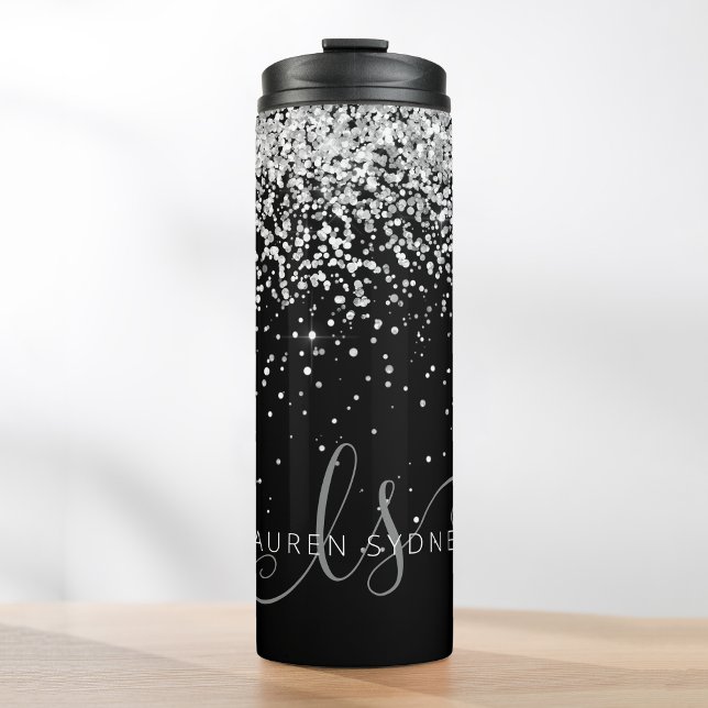 Glam Black Silver Glitter Monogram Name Thermal Tumbler (Creator Uploaded)