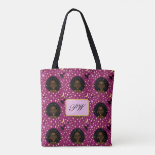 Glam Black Woman Afro Hair pic lipstick pink moon Tote Bag
