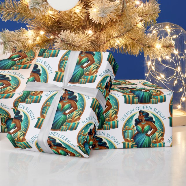 Glam Black Woman Elegant Teal & Gold Christmas  Wrapping Paper (Holidays)
