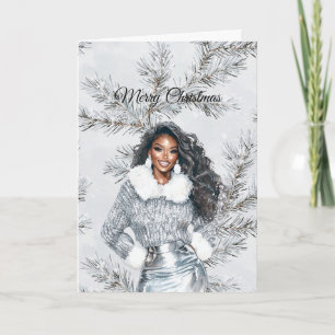 Glam Black Woman Silver Christmas Tree Branches Card