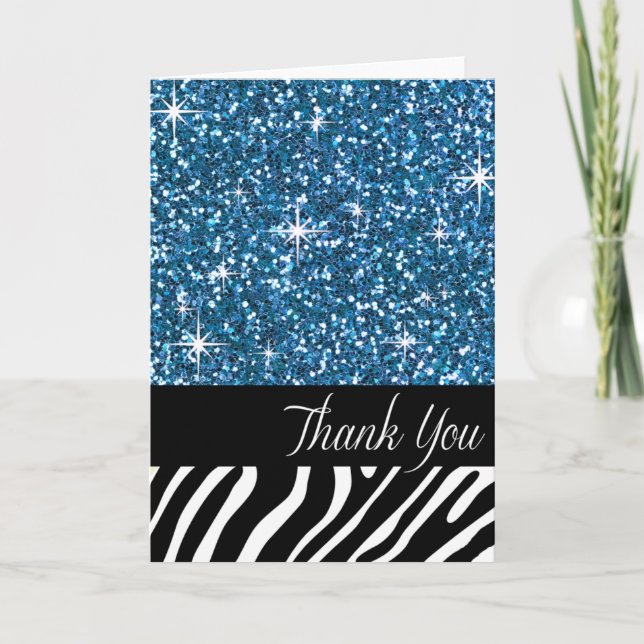 Glam Bling Glitter Zebra Thank You | blue Card (Front)