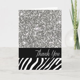 Glam Bling Glitter Zebra Thank You   silver Card