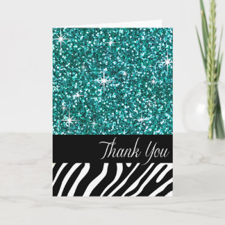 Glam Bling Glitter Zebra Thank You | teal Card