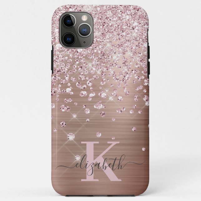 Glam Bling Rose Gold Diamond Confetti Monogrammed Case-Mate iPhone Case (Back)
