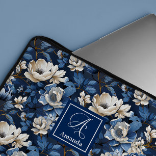 Glam Blue and Ivory Flowers Designer Laptop Case