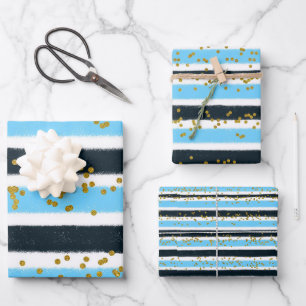 Glam Blue Black Gold Glitter Stripe Sparkle Wrapping Paper Sheet
