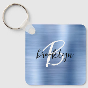 Glam Blue Brushed Metal Monogram  Key Ring