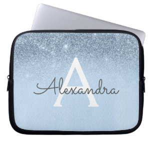 Glam Blue Glitter and Sparkle Chic Monogrammed Laptop Sleeve