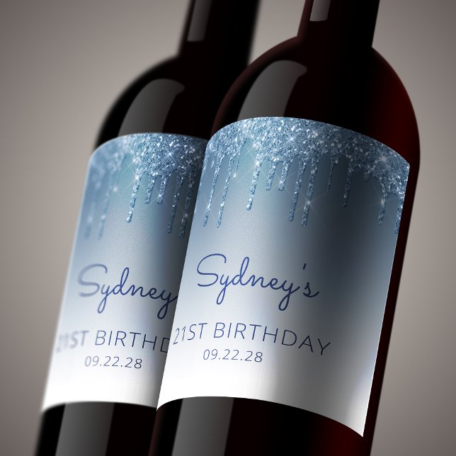 Glam Blue Glitter Drip 21st Birthday Party Wine Label (Creator Uploaded)