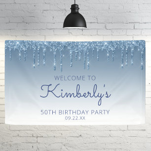 Glam Blue Glitter Drip 50th Birthday Party Banner