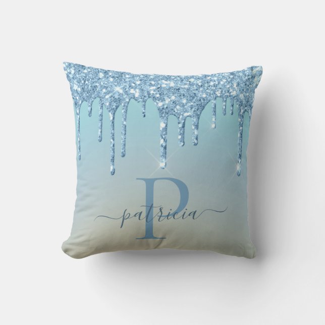 Glam Blue Glitter Drips Elegant Monogram  Cushion (Front)