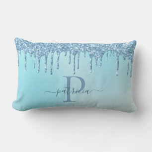 Glam Blue Glitter Drips Elegant Monogram Lumbar P Cushion