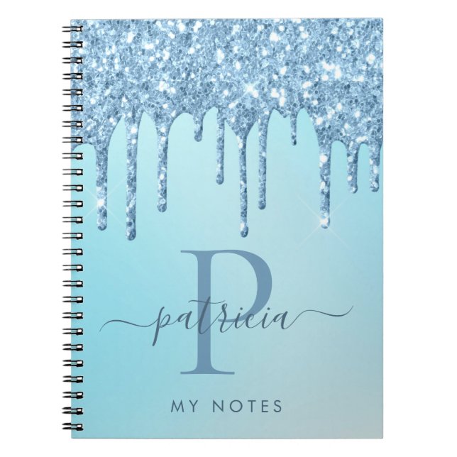 Glam Blue Glitter Drips Elegant Monogram Notebook (Front)