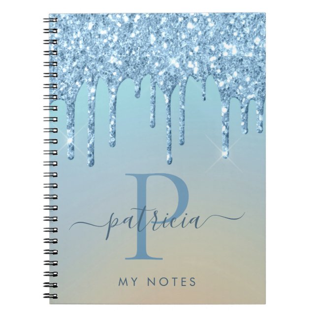 Glam Blue Glitter Drips Elegant Monogram Notebook (Front)