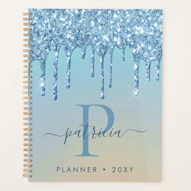Glam Blue Glitter Drips Elegant Monogram   Planner (Front)