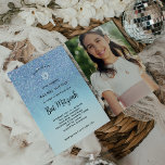 Glam Blue Glitter Look Bat Mitzvah | Photo Back Invitation<br><div class="desc">This modern and elegant Bat Mitzvah invitation features trendy script typography on a glam,  blue ombre and faux glitter look background,  with an image of the Star of David. Your favourite photo goes on the back.</div>